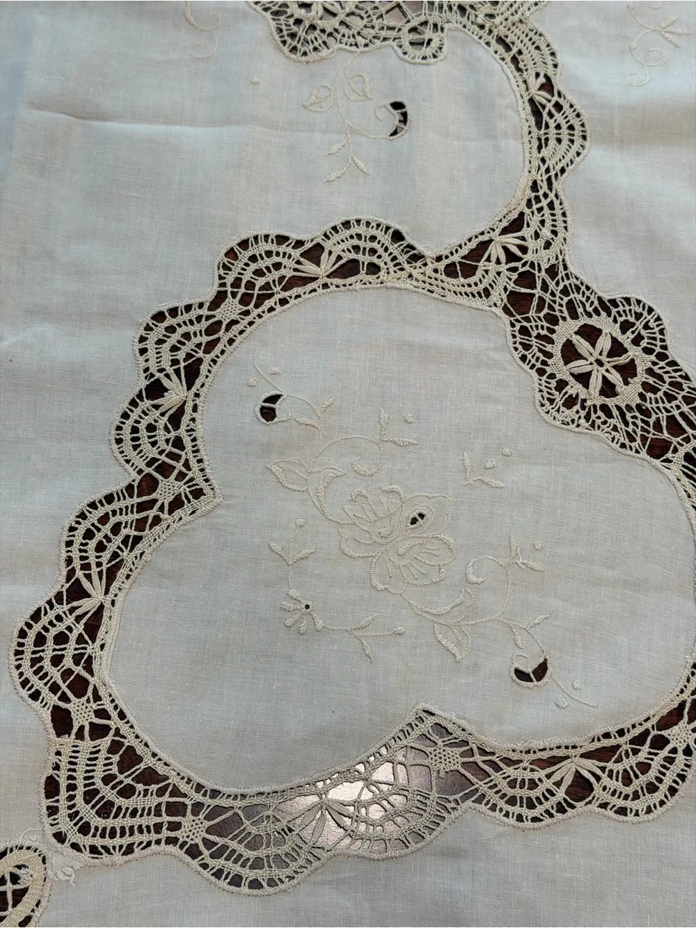 Vintage cotton linen cutwork battenburg lace formal tablecloth 84”x66” Victorian